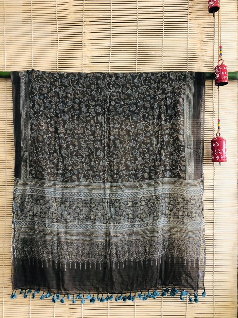 Brown colored doriya Ajrakh dupatta decorated with tassels