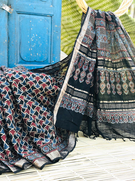 Black and Maroon Khadi Ajrakh Saree With Matt Rose Gold Border