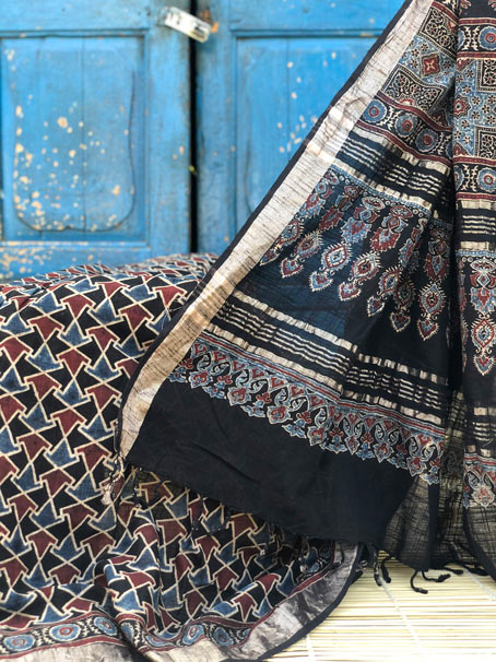 Black and Maroon Khadi Ajrakh Saree With Matt Rose Gold Border - Image 3