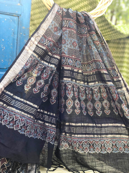 Black and Maroon Khadi Ajrakh Saree With Matt Rose Gold Border - Image 2