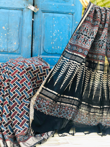 Pure Khadi Ajrakh Saree With Matt Rose Gold Border & Tassel. - Image 2