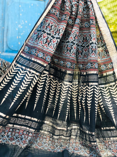 Pure Khadi Ajrakh Saree With Matt Rose Gold Border & Tassel. - Image 3