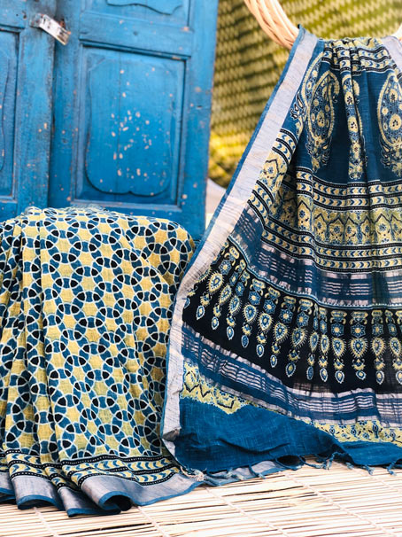 Blue & Yellow Hand Block Print Natural Dyed Khadi Ajrakh Saree With Tassel.