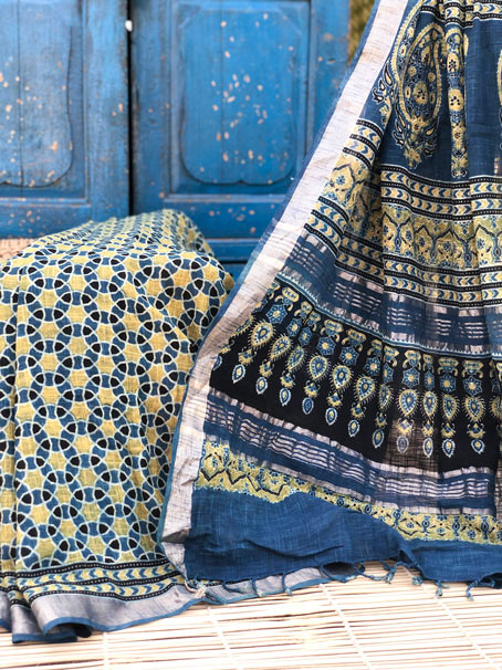Blue & Yellow Hand Block Print Natural Dyed Khadi Ajrakh Saree With Tassel. - Image 3