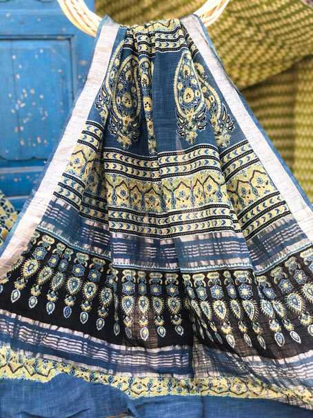 Blue & Yellow Hand Block Print Natural Dyed Khadi Ajrakh Saree With Tassel. - Image 2