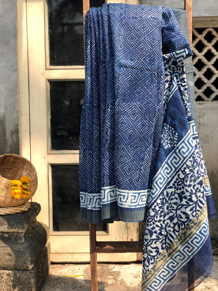 Hand Block Print Gicha Silk Bagru Saree With a Woven Border