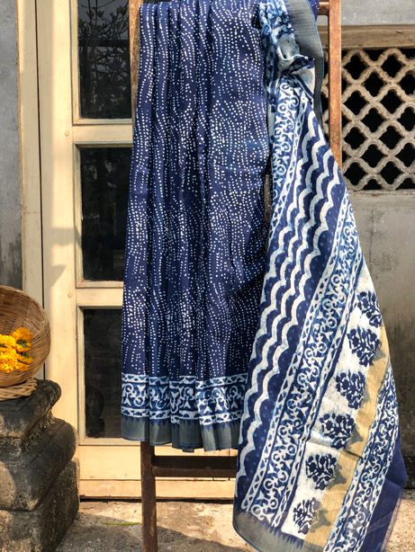 Indigo Color Gicha Silk Bagru Saree
