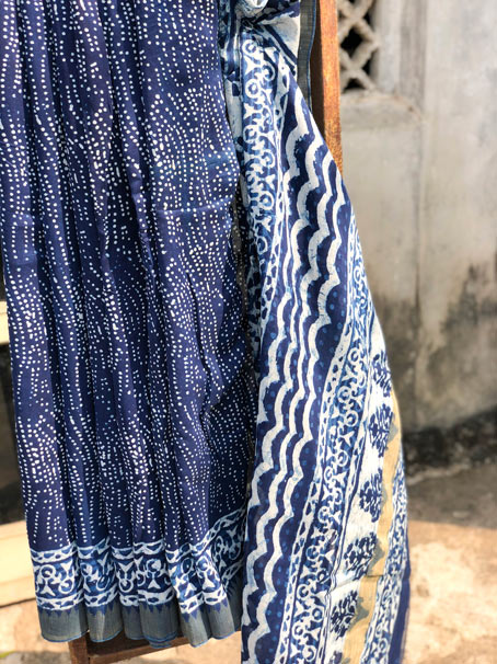 Indigo Color Gicha Silk Bagru Saree - Image 2