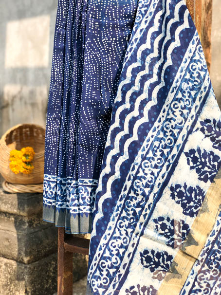 Indigo Color Gicha Silk Bagru Saree - Image 3