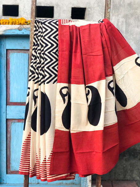 Hand Block Print Pure Cotton Mulmul Bagru Saree.