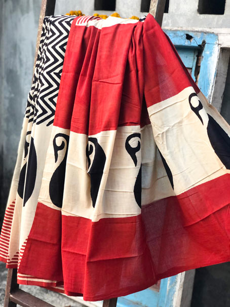 Hand Block Print Pure Cotton Mulmul Bagru Saree. - Image 3