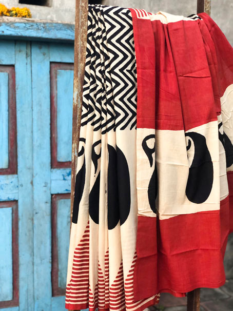 Hand Block Print Pure Cotton Mulmul Bagru Saree. - Image 2