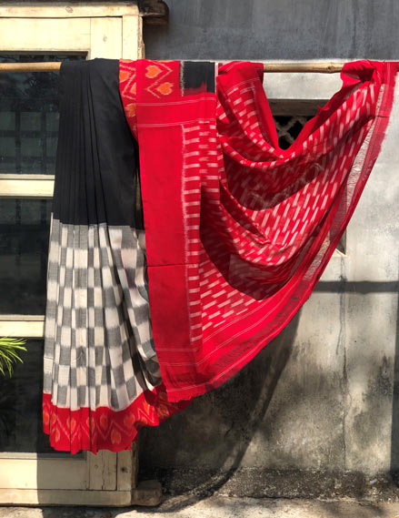 Handwoven Cotton Ikkat Saree With Red Palla & Red Border
