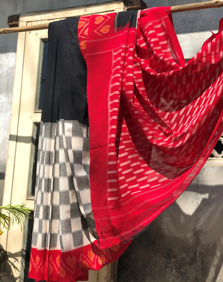 Handwoven Cotton Ikkat Saree With Red Palla & Red Border - Image 2