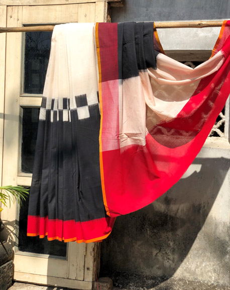 White & Black Ikkat Saree With Shaded Palla & Red Border - Image 3
