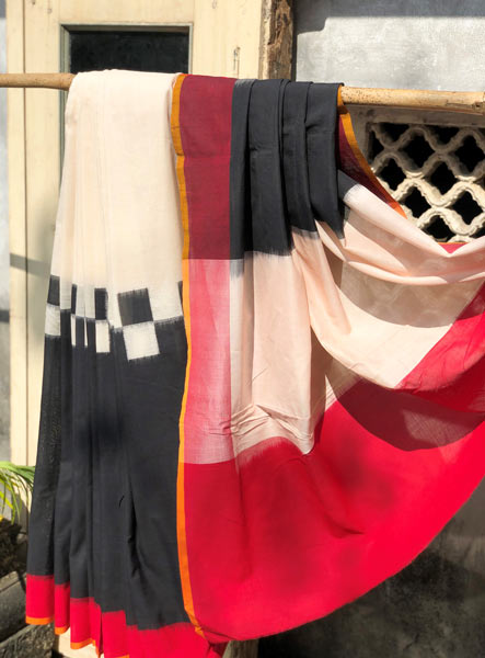 White & Black Ikkat Saree With Shaded Palla & Red Border - Image 2