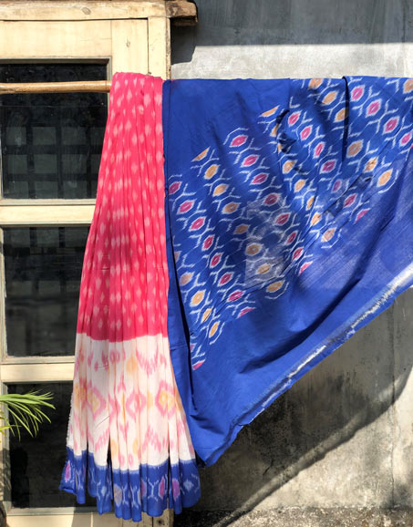 Pink & White Hand Woven Cotton Ikkat Saree With Woven Palla & Border