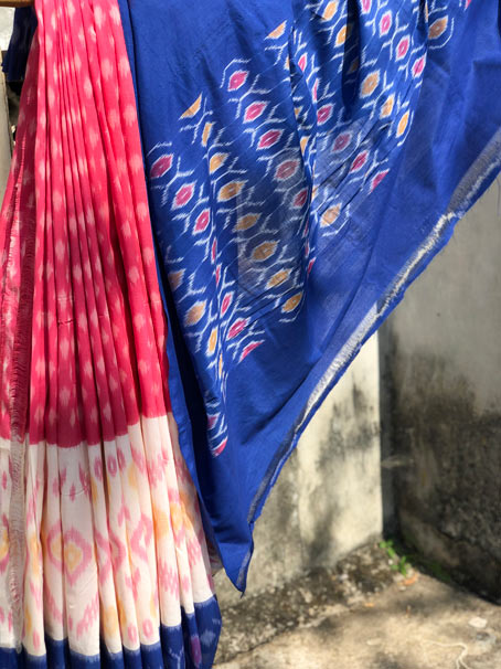 Pink & White Hand Woven Cotton Ikkat Saree With Woven Palla & Border - Image 3