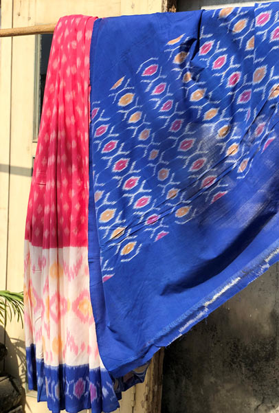 Pink & White Hand Woven Cotton Ikkat Saree With Woven Palla & Border - Image 2