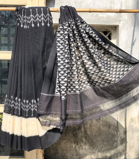 Black & White Handwoven Pure Cotton Ikkat Saree With Black Woven Palla.