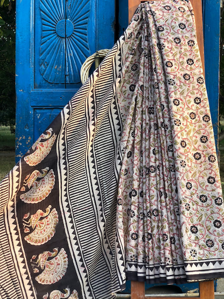 Hand Block Print Cotton Kalamkari Mulmul Saree - Image 3