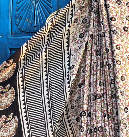 Hand Block Print Cotton Kalamkari Mulmul Saree - Image 2