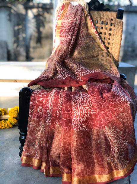 Hand Block Print Cotton Kota Silk Saree With Big Golden Border