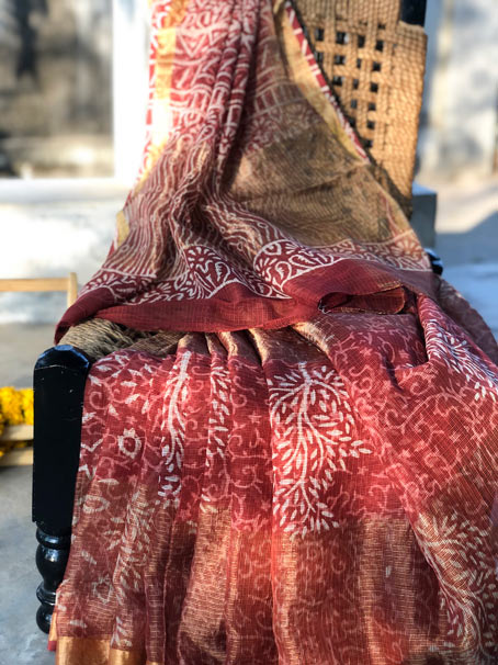 Hand Block Print Cotton Kota Silk Saree With Big Golden Border - Image 4
