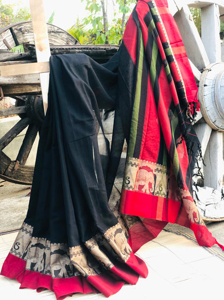 Black & Red Narayanpet Soft Cotton Saree With Woven Elephant Border