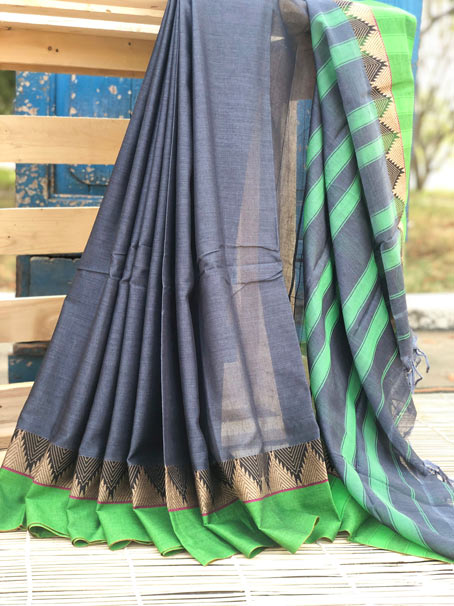 Handwoven Narayanpet Soft Cotton Saree With Green Woven Temple Border