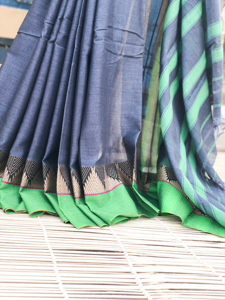 Handwoven Narayanpet Soft Cotton Saree With Green Woven Temple Border - Image 2
