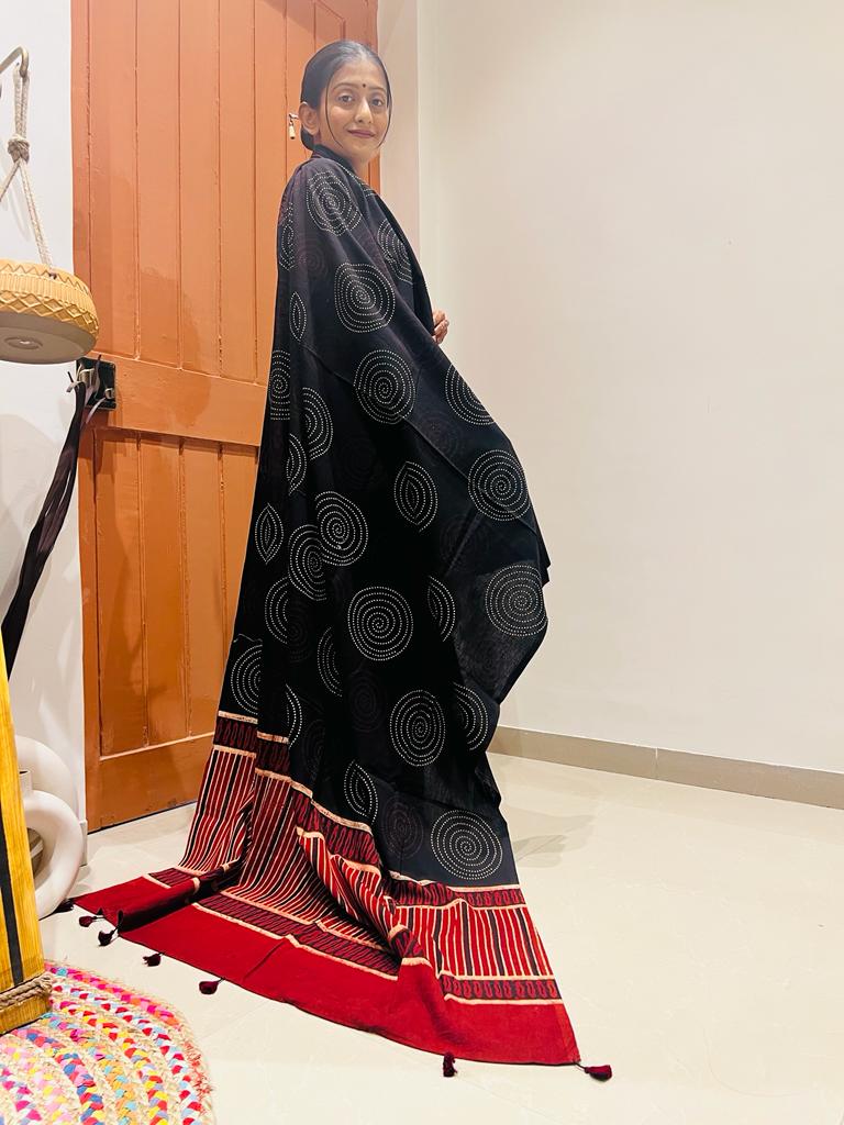 Black and red pure cotton Ajrakh dupatta