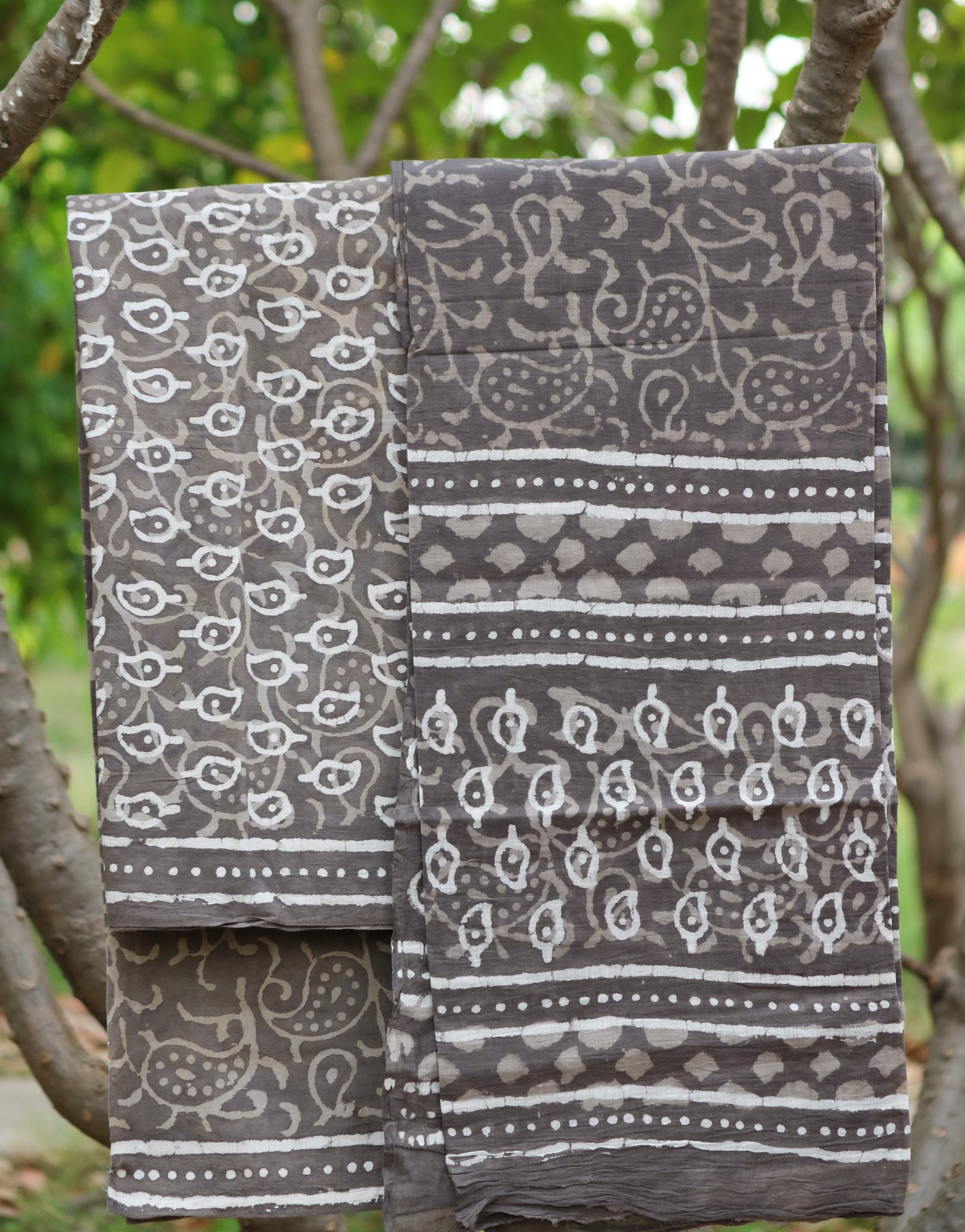 Grey and beige coloured Mul cotton batik suit set