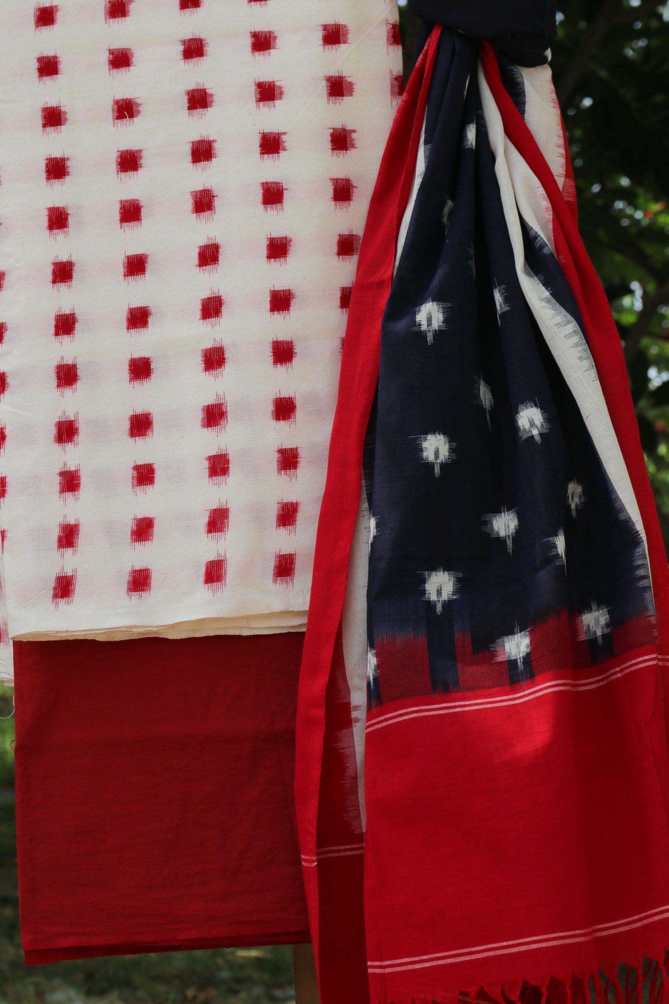 Beige and Maroon colored handwoven ikkat suit set with designer ikkat dupatta - Image 2