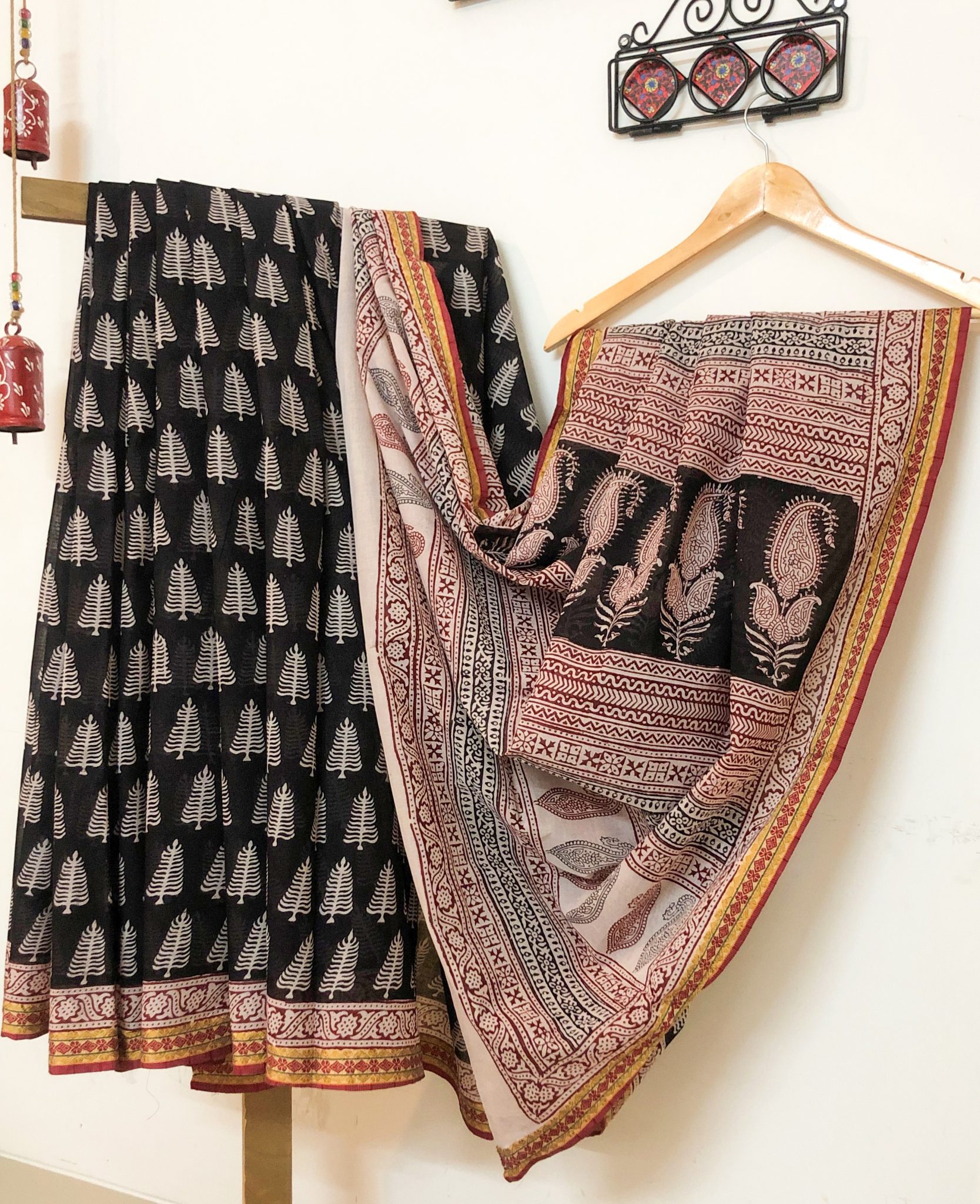 Black and White hand block print pure cotton natural dyed Bagh saree with woven border