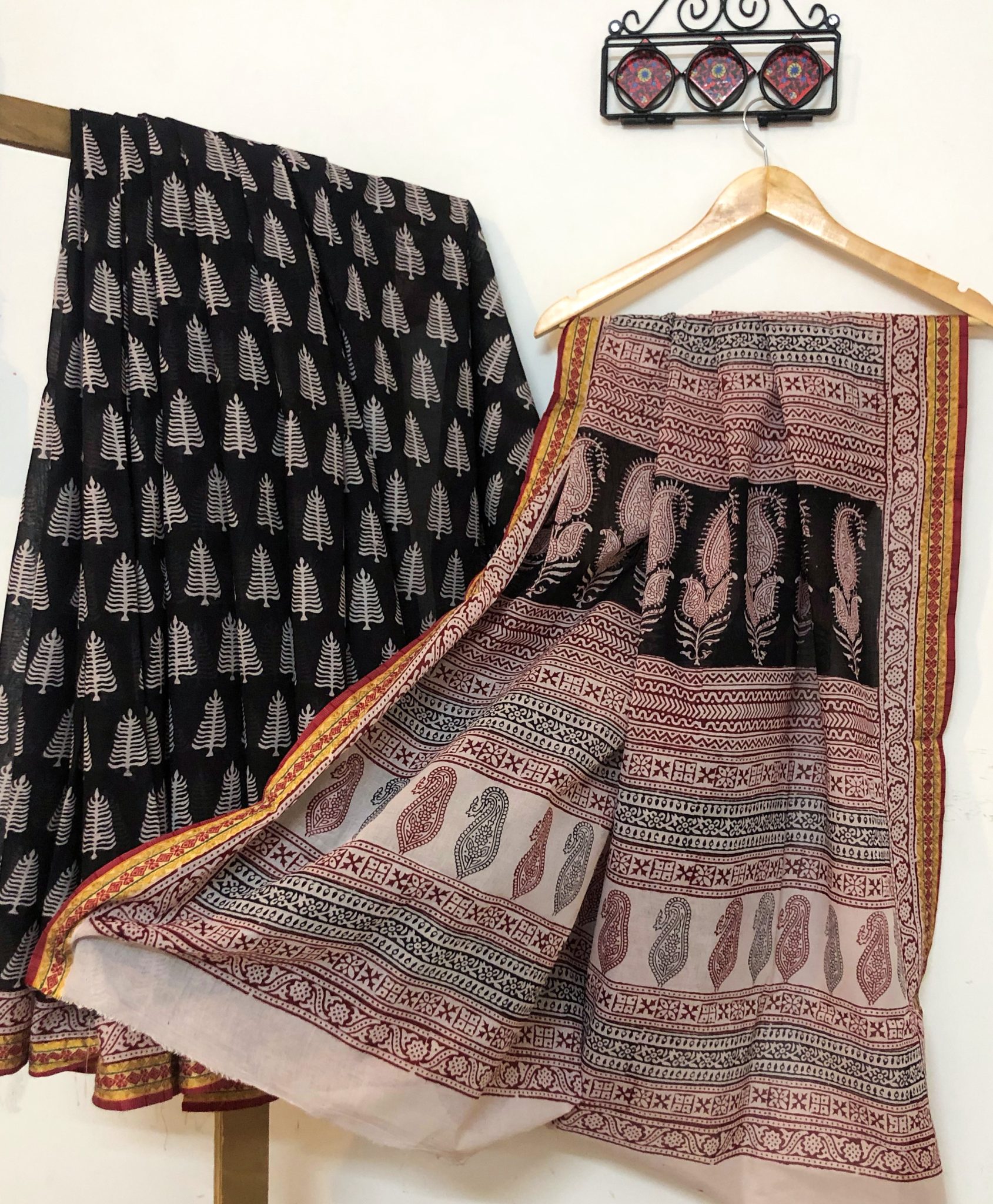 Black and White hand block print pure cotton natural dyed Bagh saree with woven border - Image 3