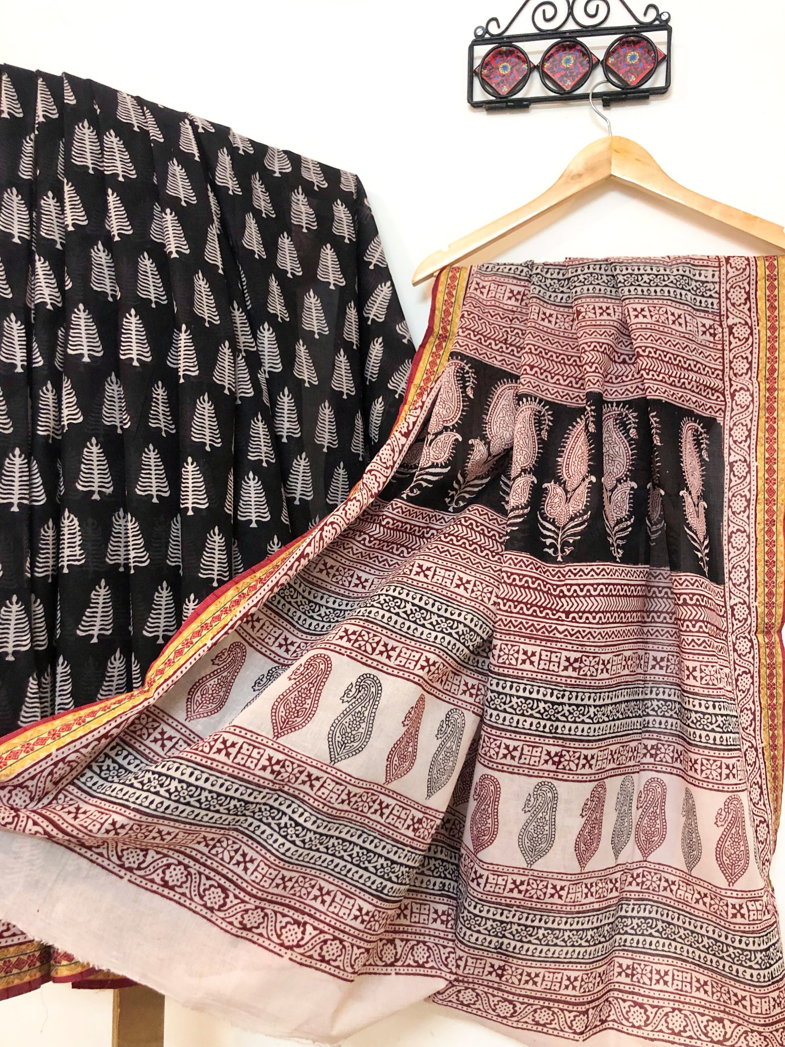 Black and White hand block print pure cotton natural dyed Bagh saree with woven border - Image 2