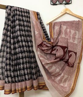 Black and White hand block print pure cotton natural dyed Bagh saree with woven border