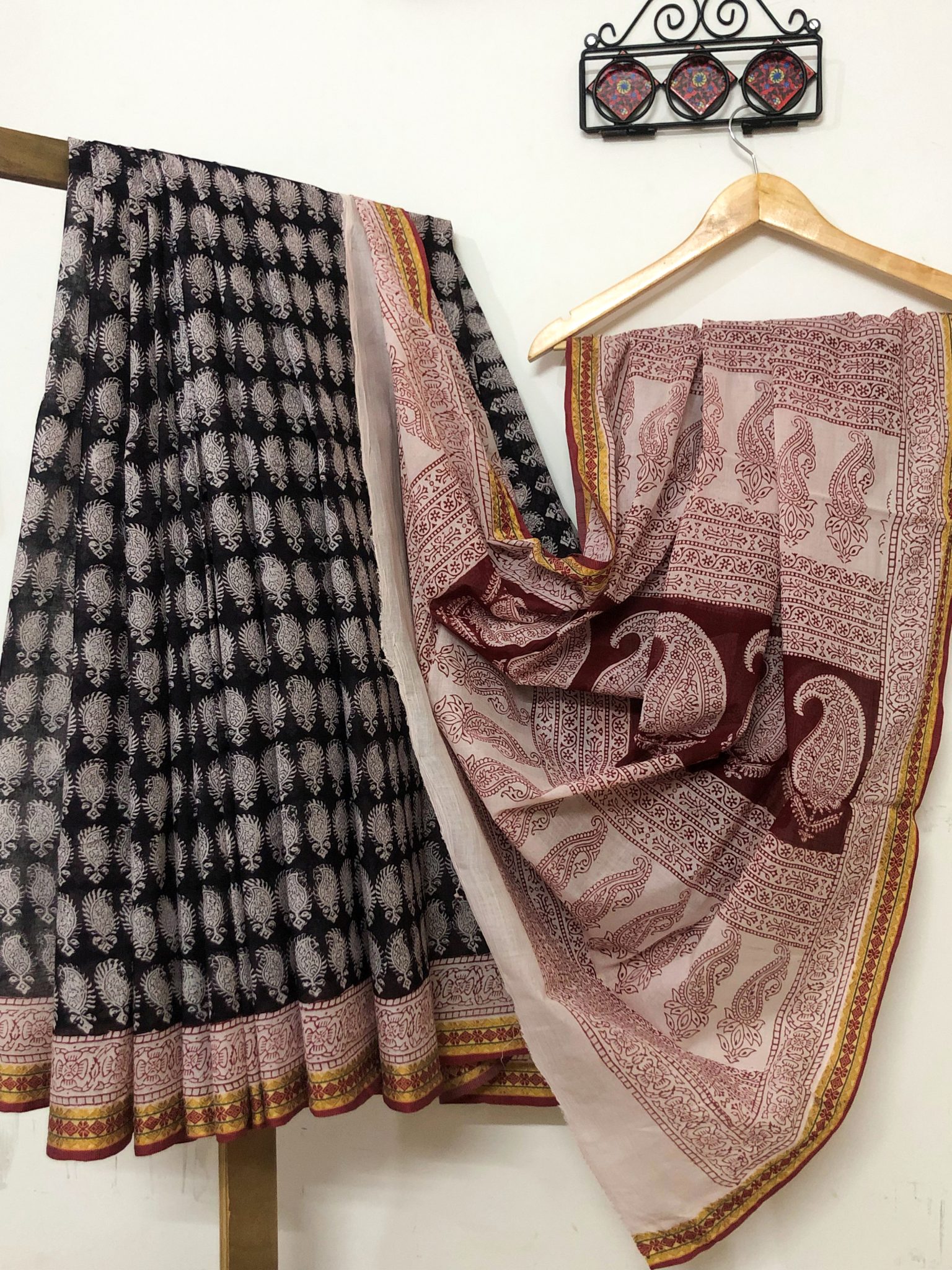 Black and White hand block print pure cotton natural dyed Bagh saree with woven border