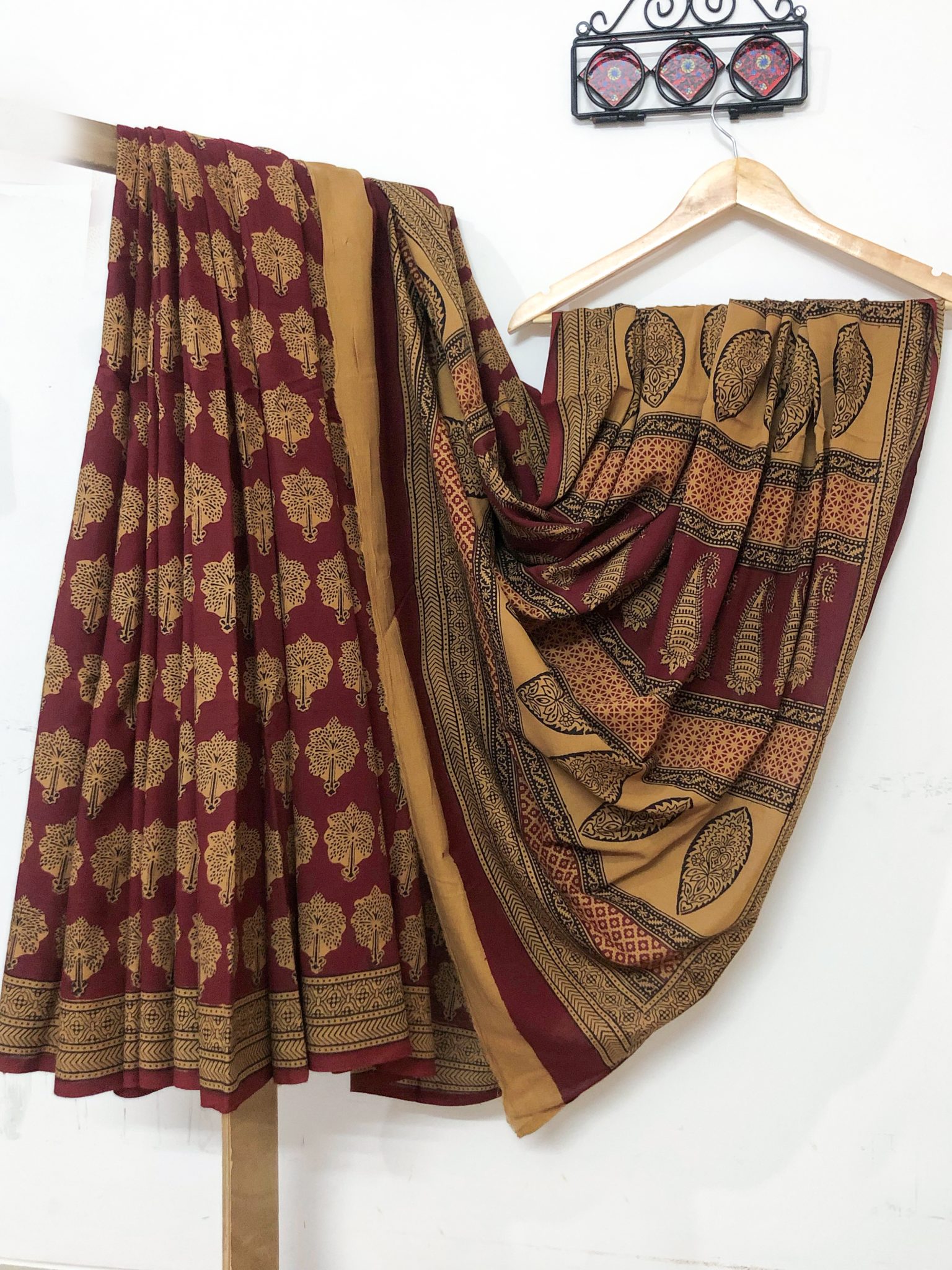 Maroon and Mustard coloured hand block print pure cotton natural dyed Bagh saree