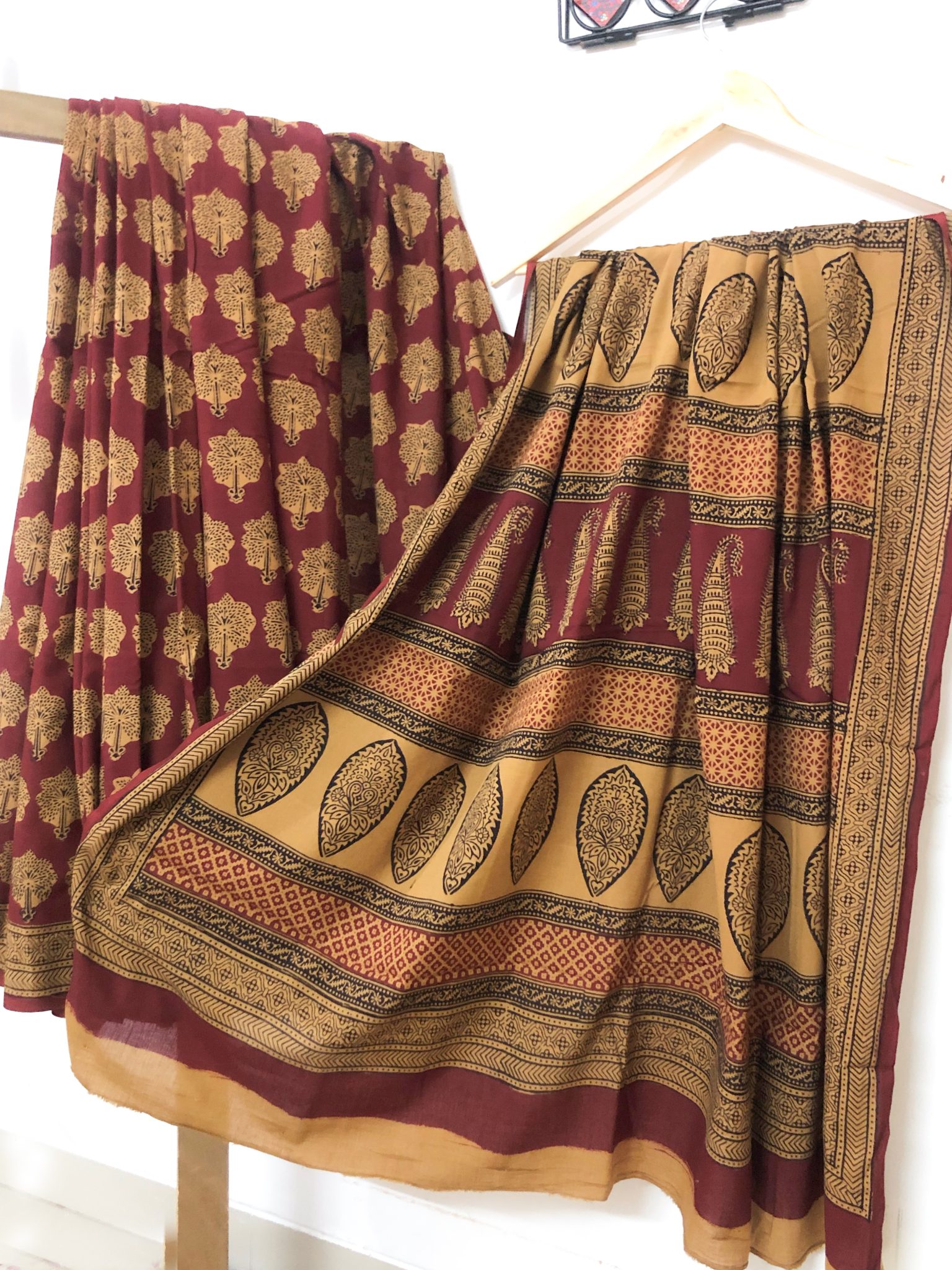 Maroon and Mustard coloured hand block print pure cotton natural dyed Bagh saree - Image 2