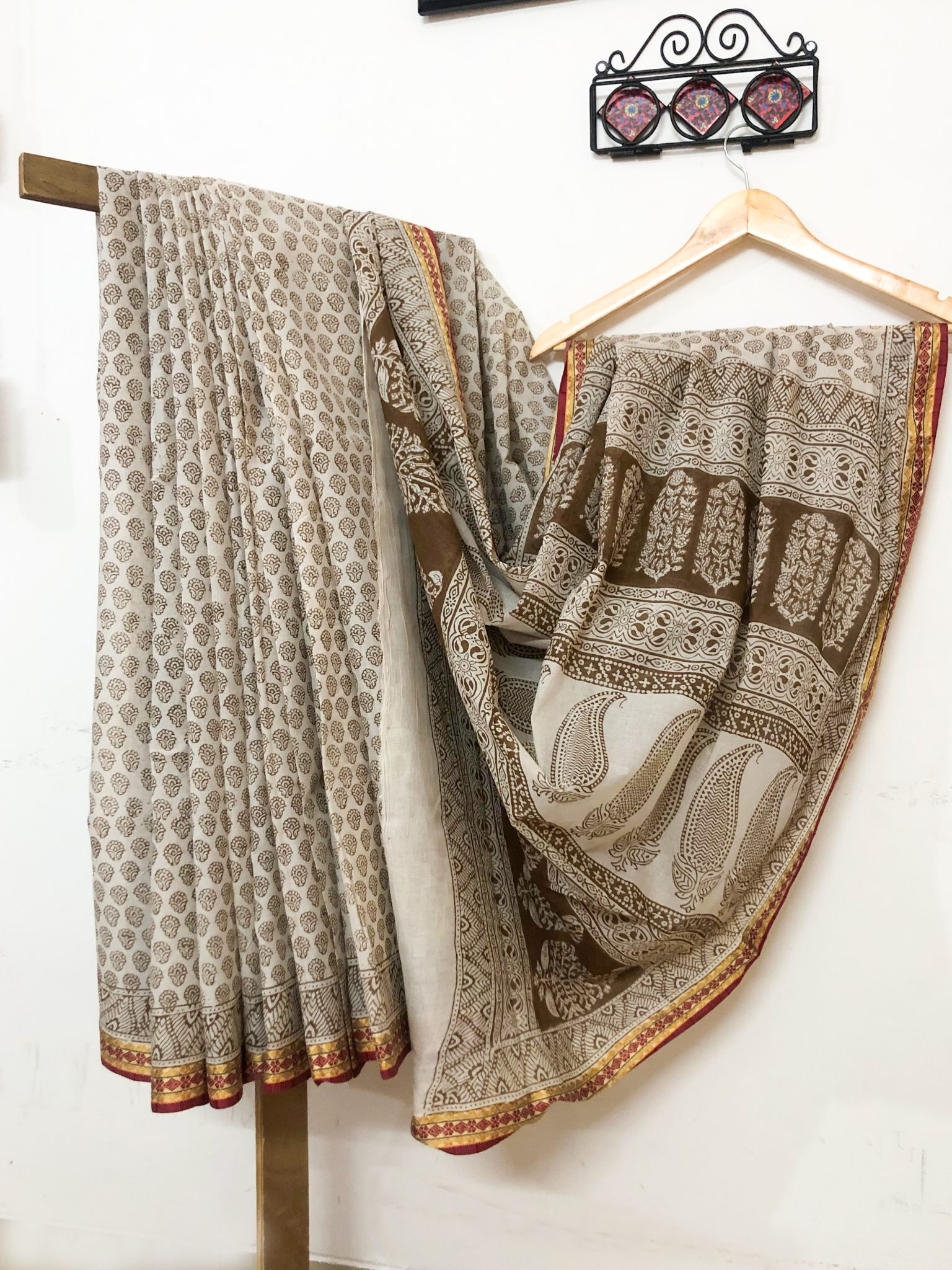 Beige and Golden coloured hand block print pure cotton natural dyed Bagh saree with woven border