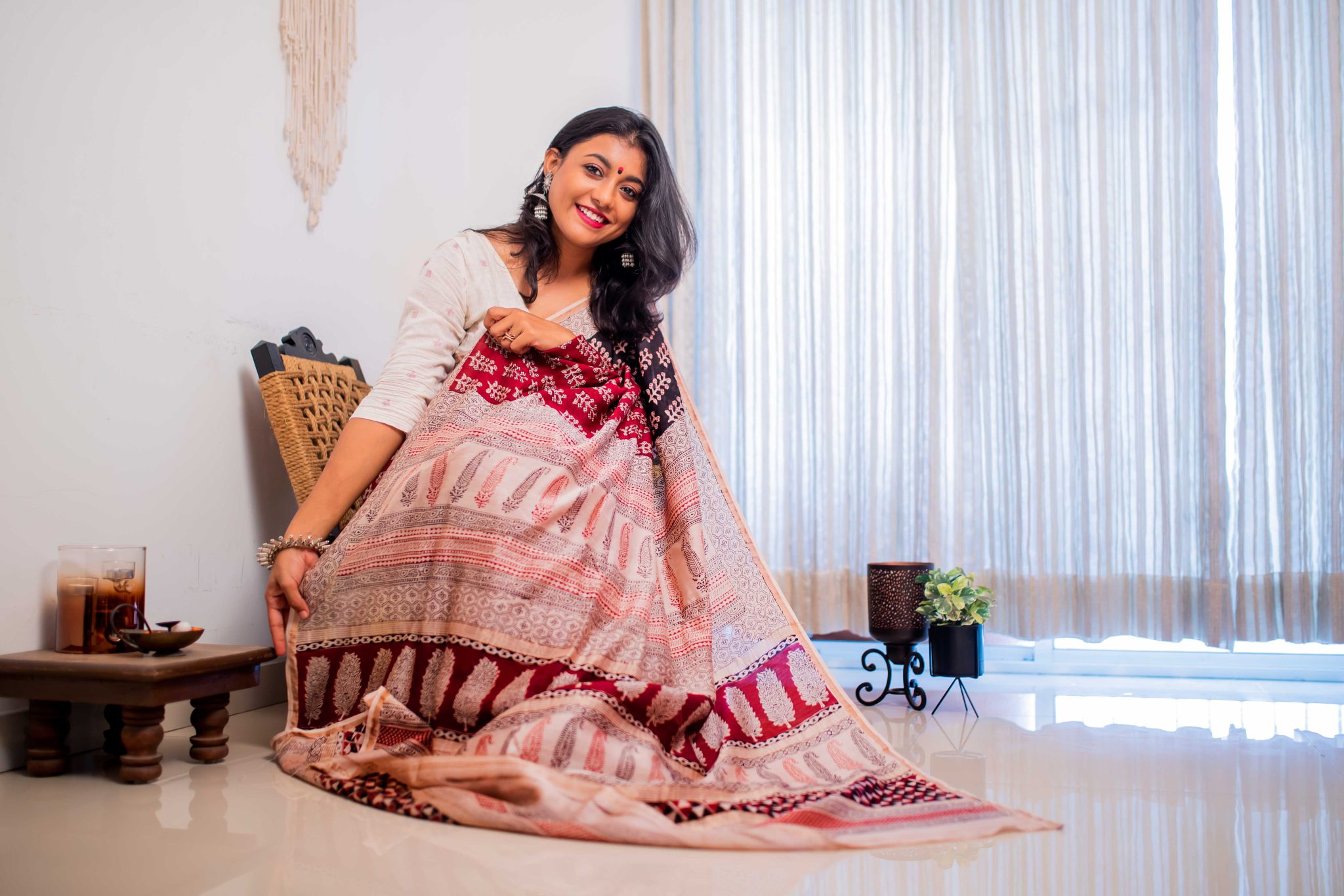 Maroon and black coloured hand block print pure chanderi natural dyed Bagh saree - Image 2