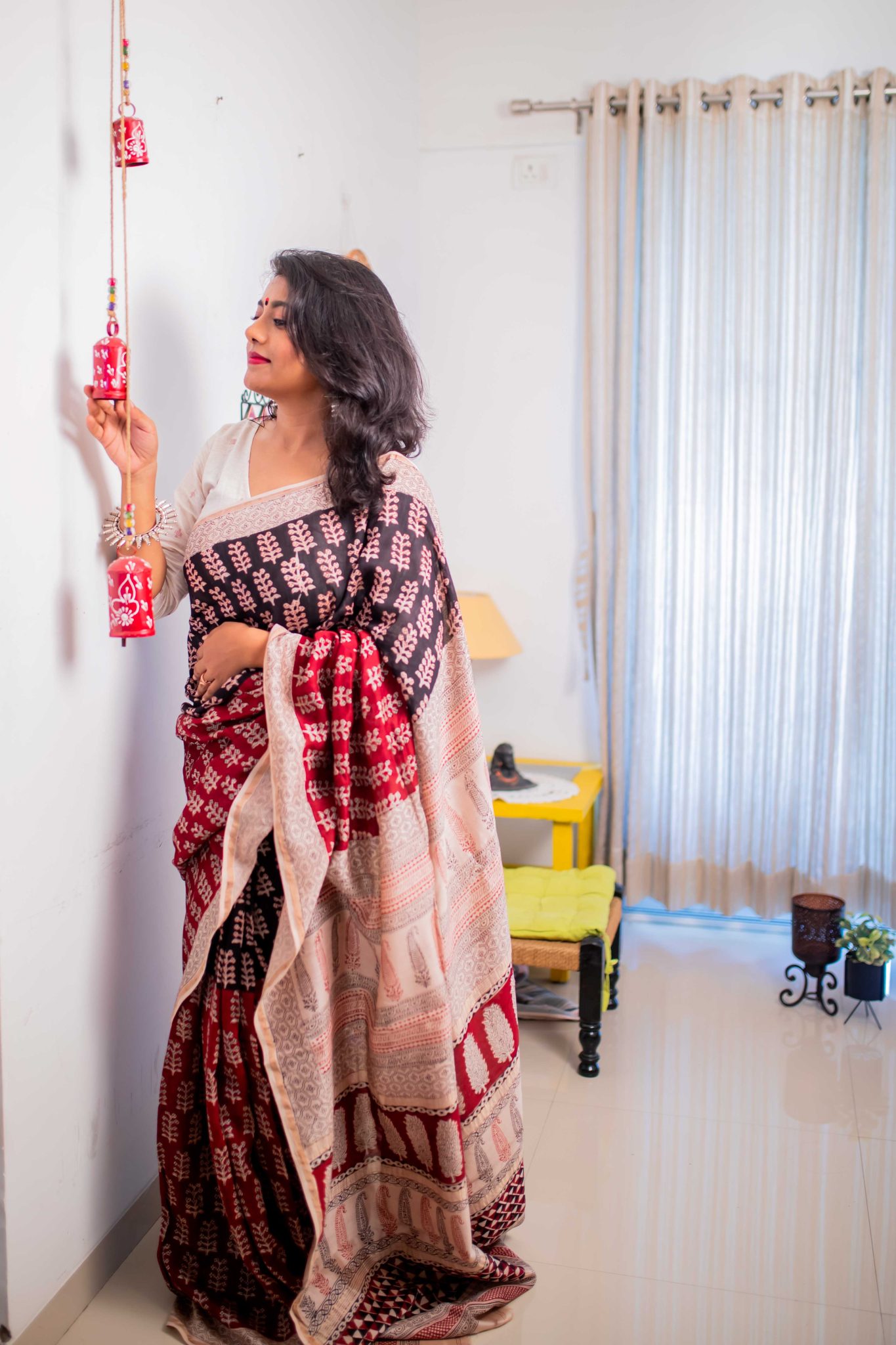 Maroon and black coloured hand block print pure chanderi natural dyed Bagh saree