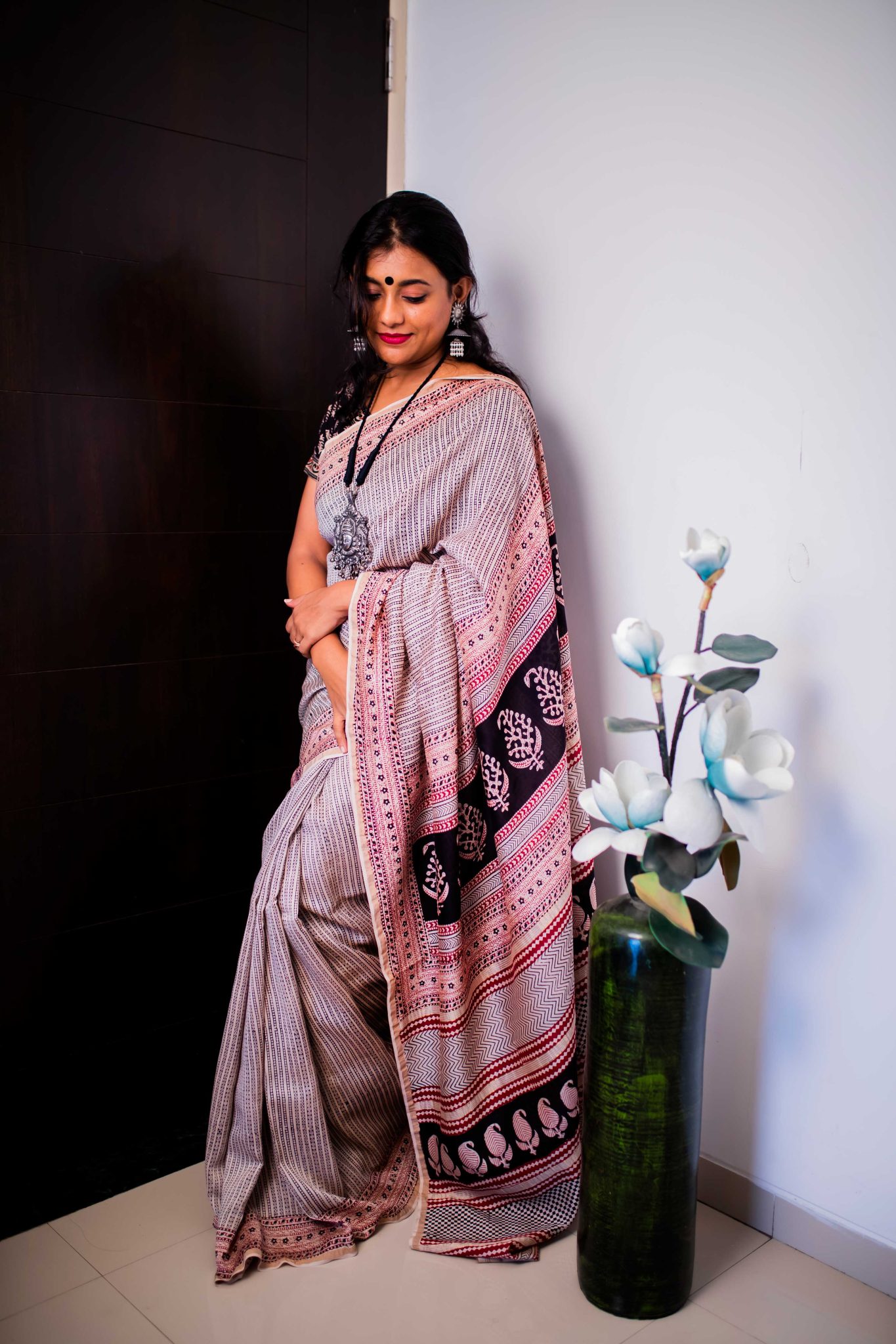 Beige and Black coloured hand block print pure chanderi natural dyed Bagh saree