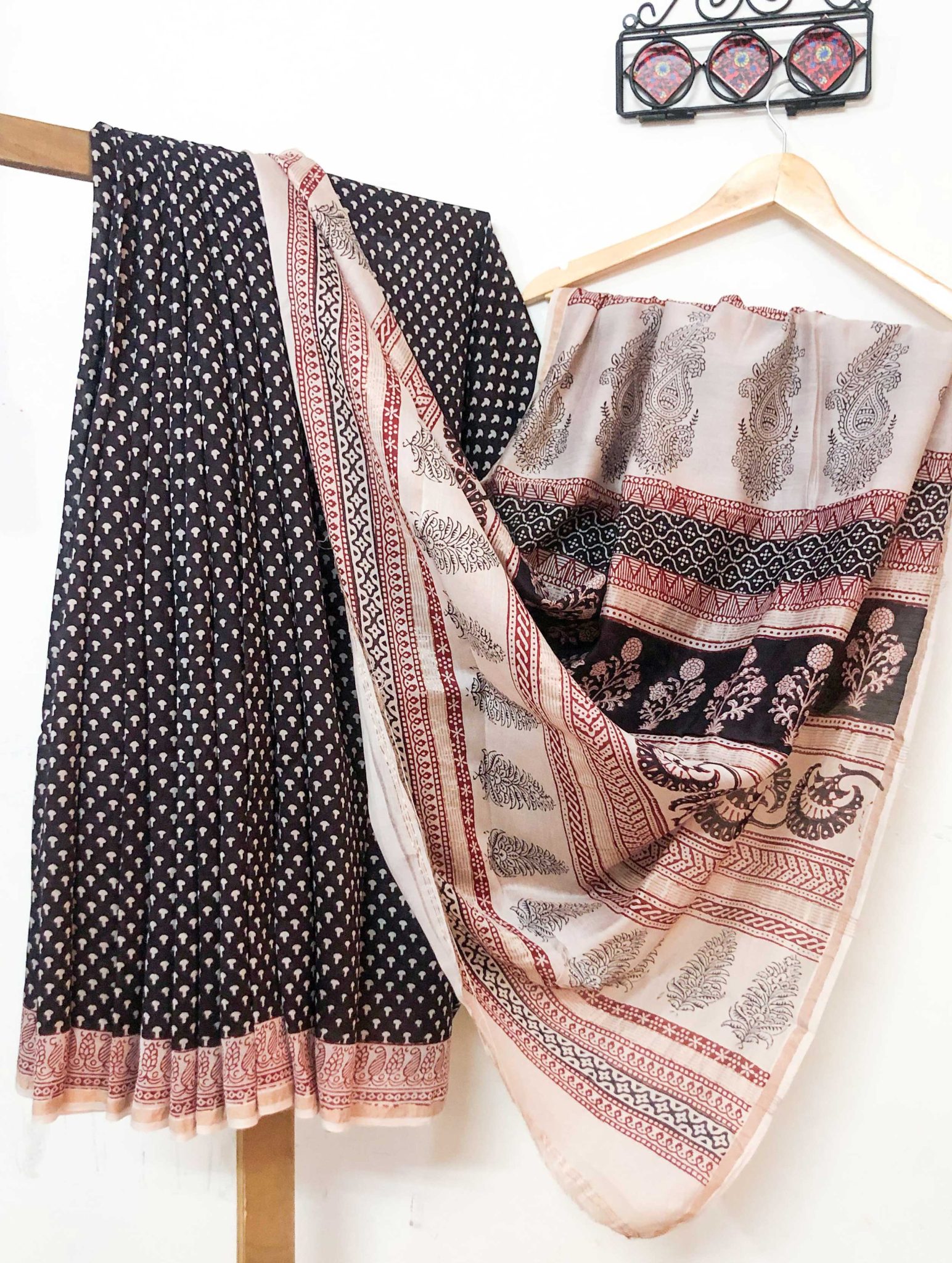 Black and beige coloured hand block print pure chanderi natural dyed Bagh saree