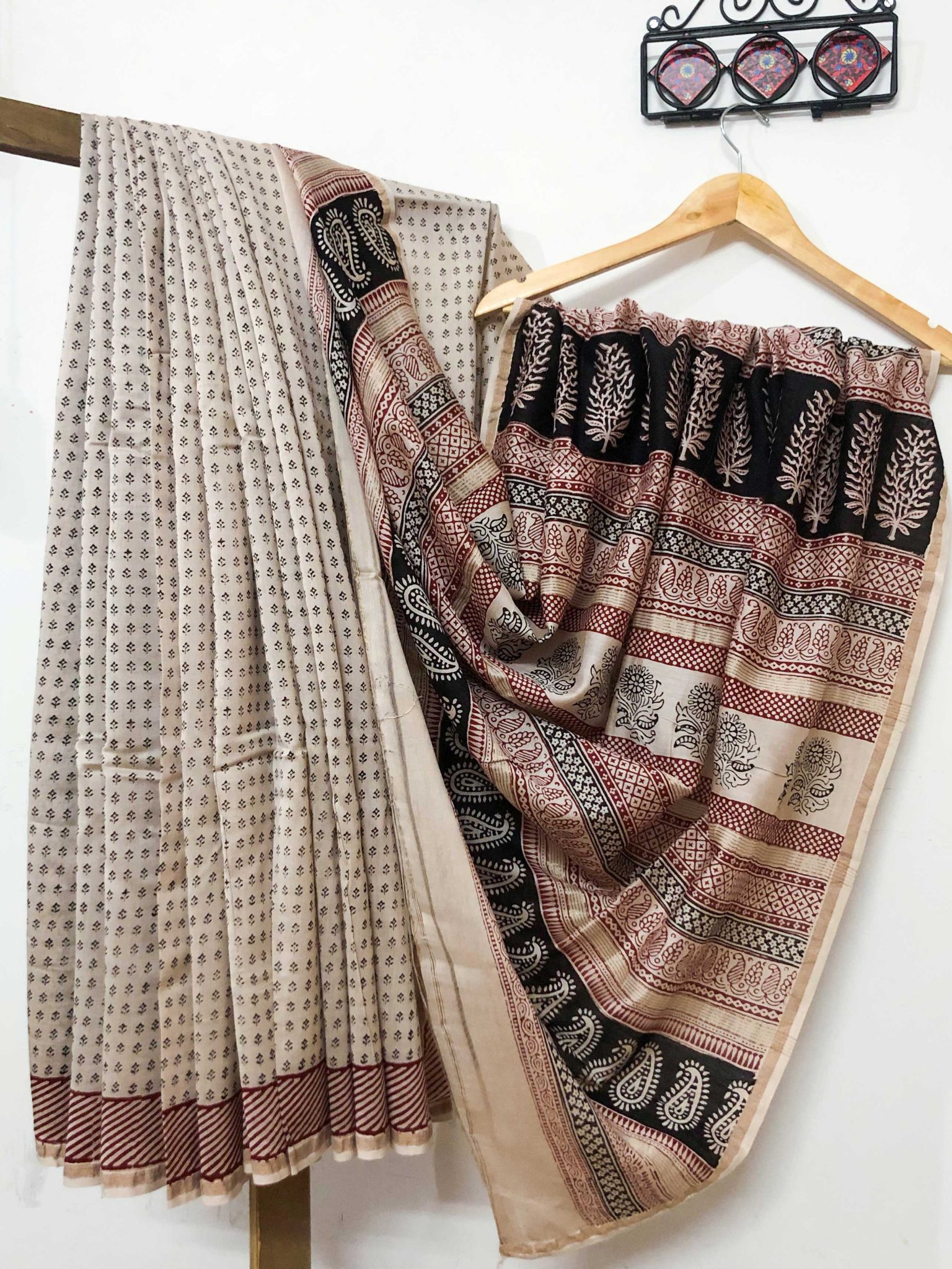 Beige and black coloured hand block print pure chanderi natural dyed Bagh saree