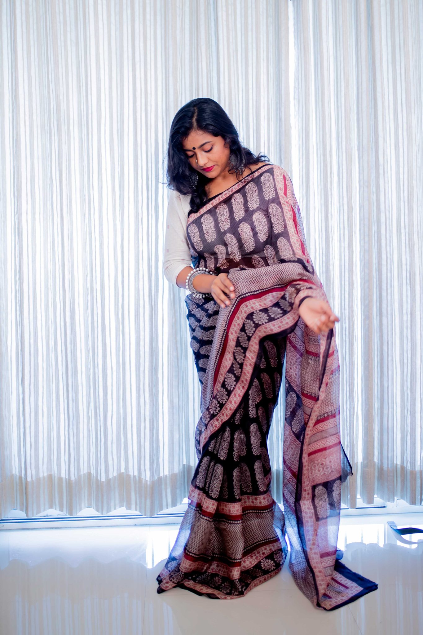 Black and Maroon coloured hand block print pure kota silk natural dyed Bagh saree