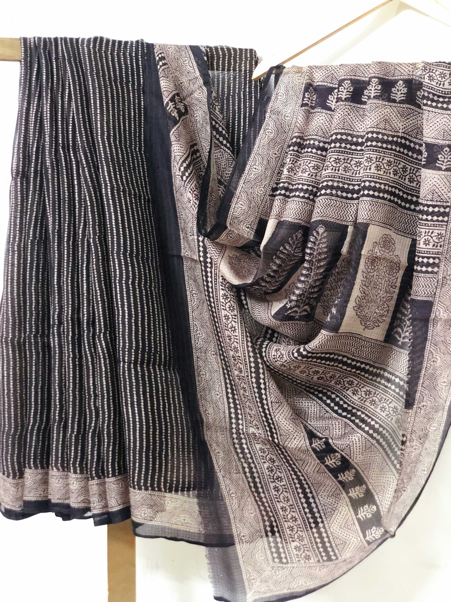 Black and Beige coloured hand block print pure kota silk natural dyed Bagh saree
