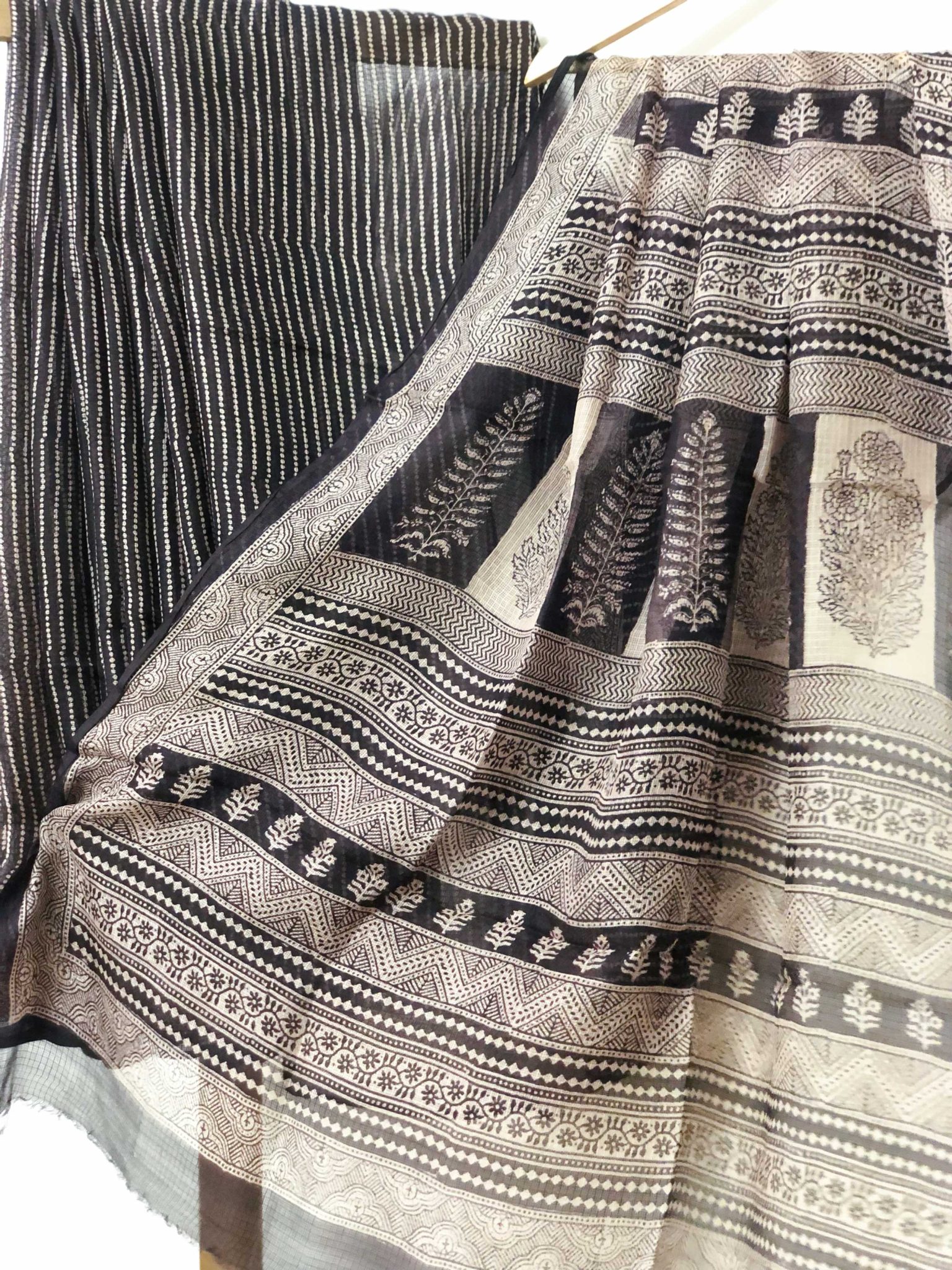 Black and Beige coloured hand block print pure kota silk natural dyed Bagh saree - Image 2